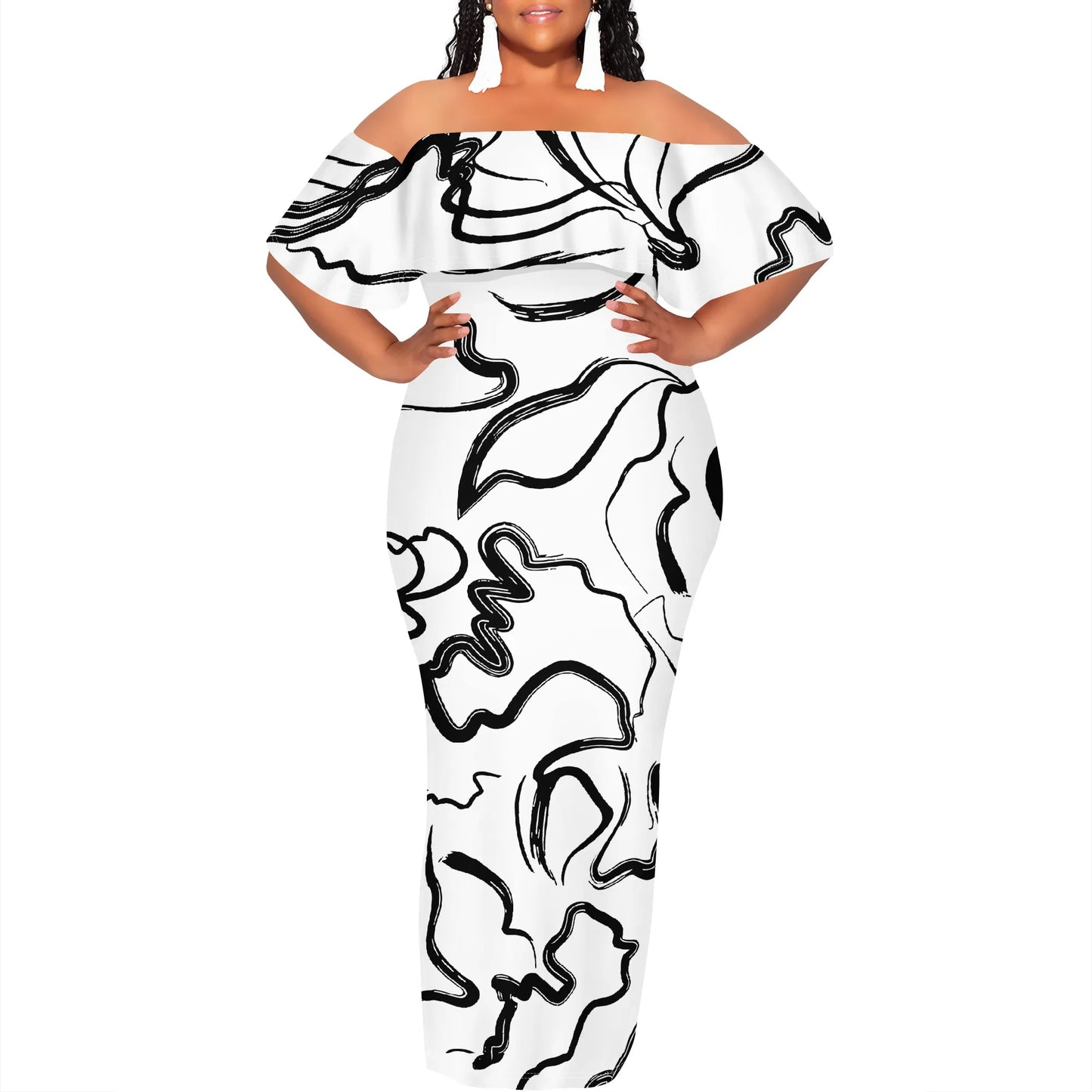 Black White Sketch Art Print Plus Size Off Shoulder Maxi Dress Summer Casual