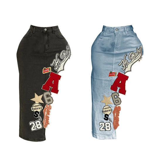 Letter Embroidery Asymmetrical Denim Skirts Women Fashion Vintage Button Fly High Waist Stretch Jeans Calf-length Skirt Bottoms