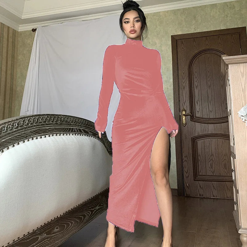 Women's autumn and winter style high-necked long-sleeved velvet dress slim pleated slit dress