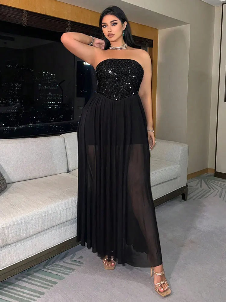 New Plus-Size Elegant Sequined Strapless Slit Dress Women Party Evening Maxi Dresses Black Flowy Wedding Vacation Long Sundress
