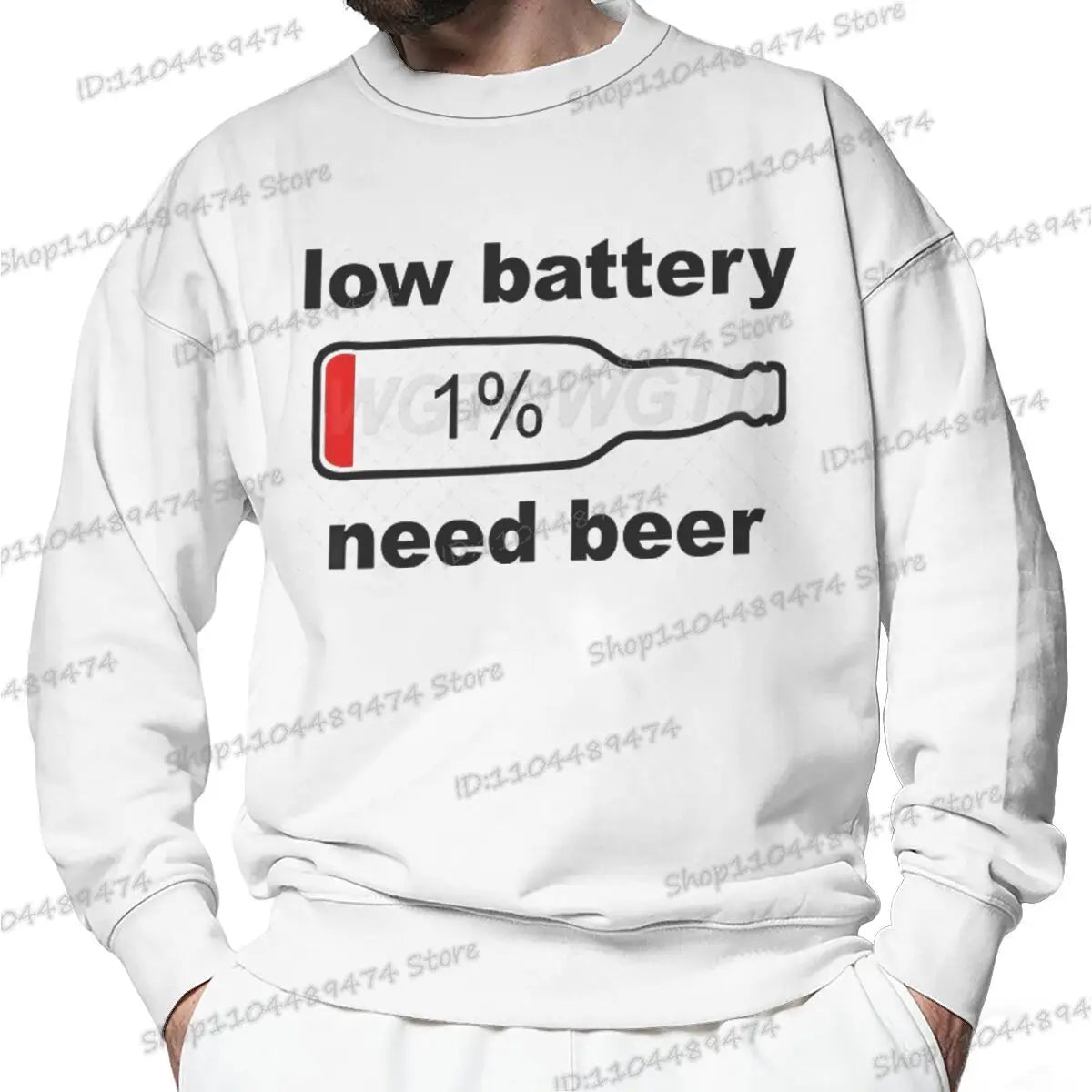Funny "Low Battery 1% Beed Beer" Men's Sweatshirt Fashion Street Casual Loose Beer Lover Gifts Pullover Unisex Beer Sweatshirts