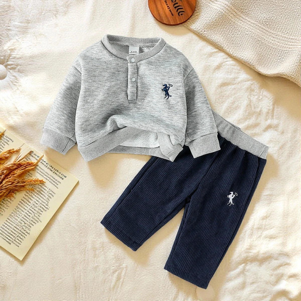 Fall/ Winter Plush New Style Baby Boys' Embroidered Little Horse Hoodie Clothes Set Sportswear Hoodie and Sweatpants Two-Piece