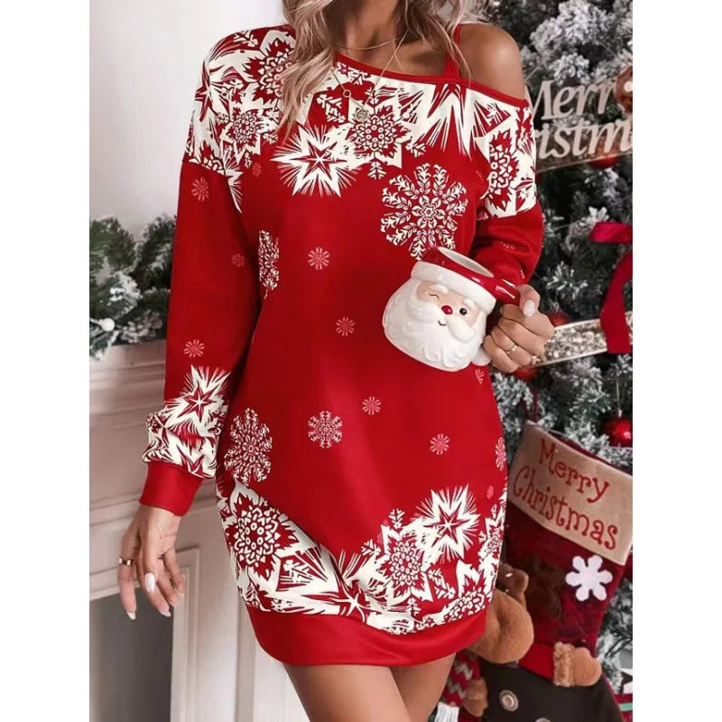 New Christmas Snowflake Print Off Shoulder Package Hip Dress Woman Fashion Winter Long Sleeve Loose Party Mini Dresses For Women