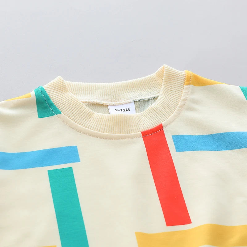 2PCS Baby Spring and Autumn Full Print Color Stripe Long Sleeve Long Pants Two Piece Set