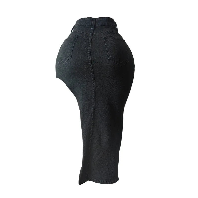 Letter Embroidery Asymmetrical Denim Skirts Women Fashion Vintage Button Fly High Waist Stretch Jeans Calf-length Skirt Bottoms