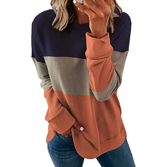 Big Size Women's Casual Long Sleeve Round Neck Colorblocking T-Shirt