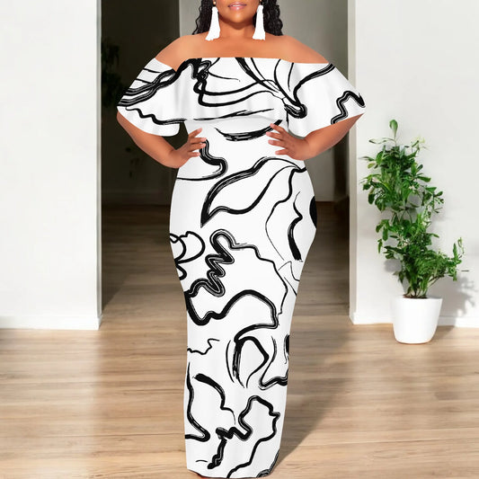 Black White Sketch Art Print Plus Size Off Shoulder Maxi Dress Summer Casual