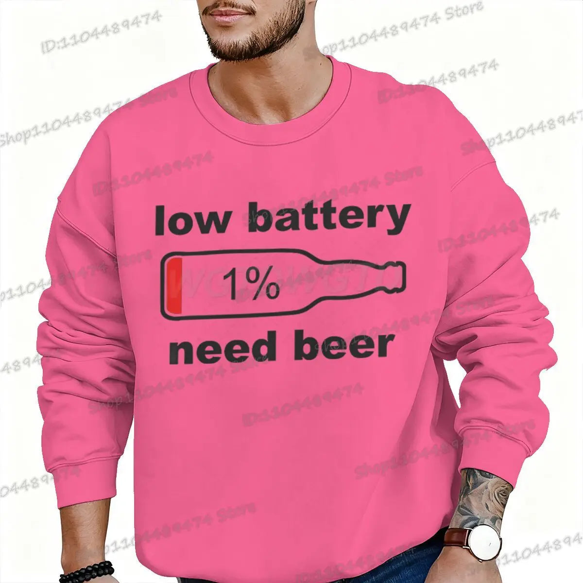 Funny "Low Battery 1% Beed Beer" Men's Sweatshirt Fashion Street Casual Loose Beer Lover Gifts Pullover Unisex Beer Sweatshirts