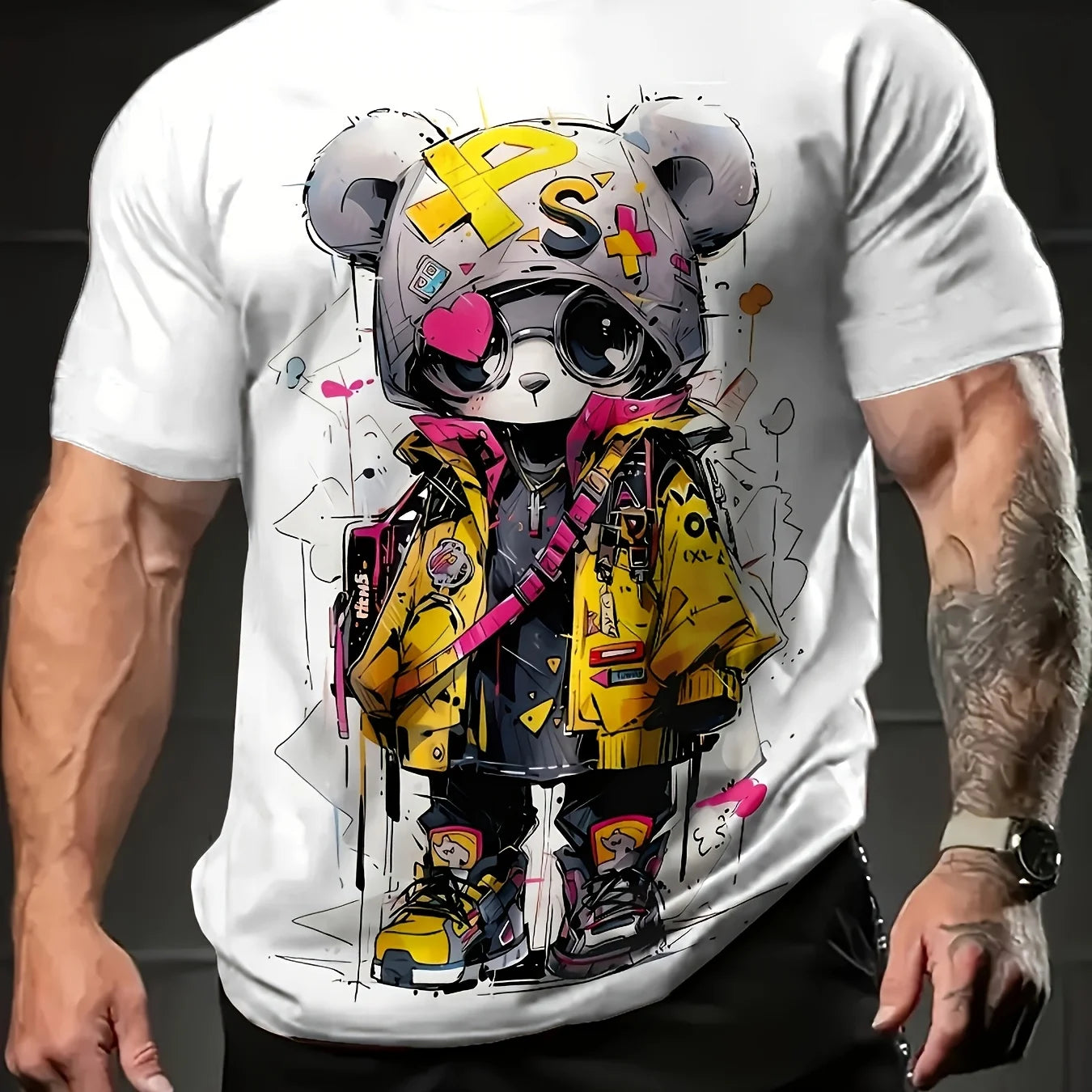 Hip-hop Style Cartoon Bear Printed Men's T-shirt Summer Casual Daily Tops Fashion Men's Oversized Fitness Short-sleeved T-shirt