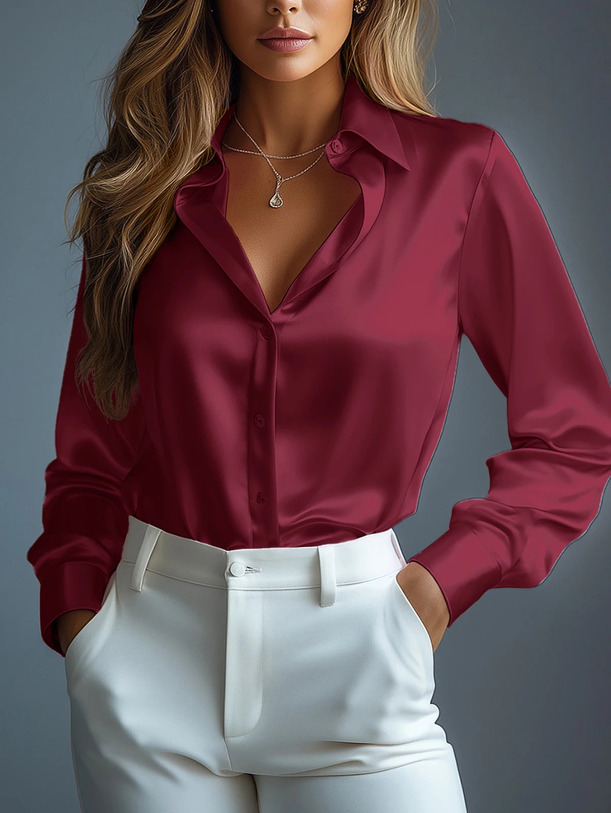 Women's Satin Shirts Elegant Plain Long Sleeve Blouse Office Lady Button-Up Shirt Top Female Crew Neck Shirts Blouse 2025 Autumn