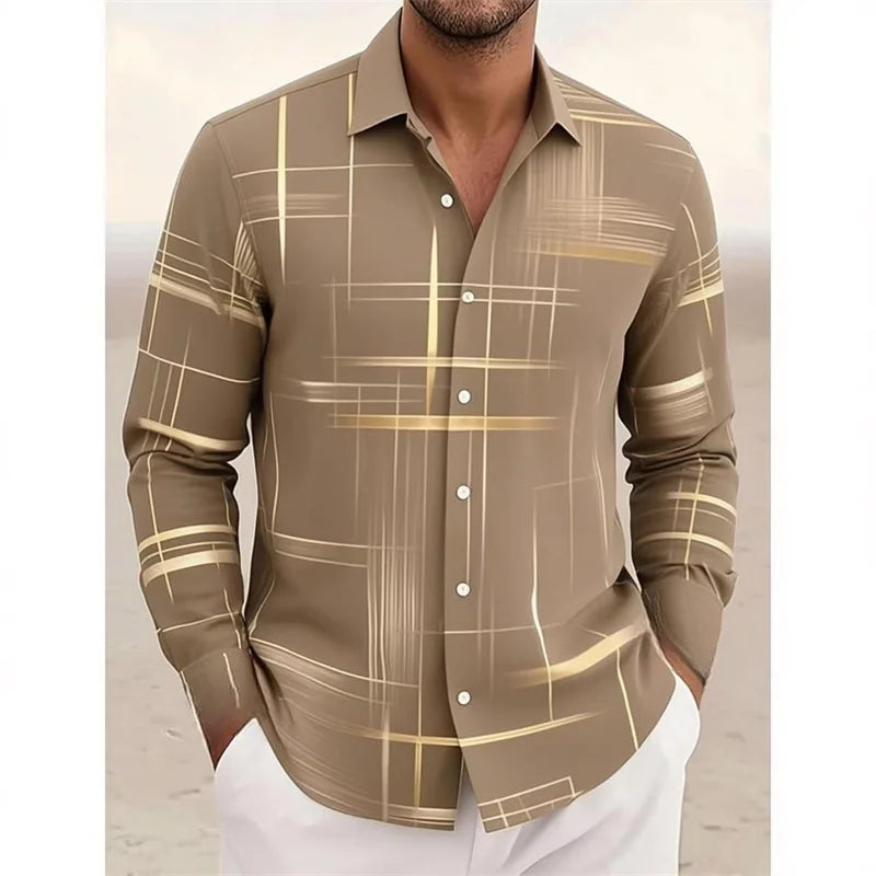 2026 new geometric grid long sleeved shirt, men, short sleeved, button down, no pockets,