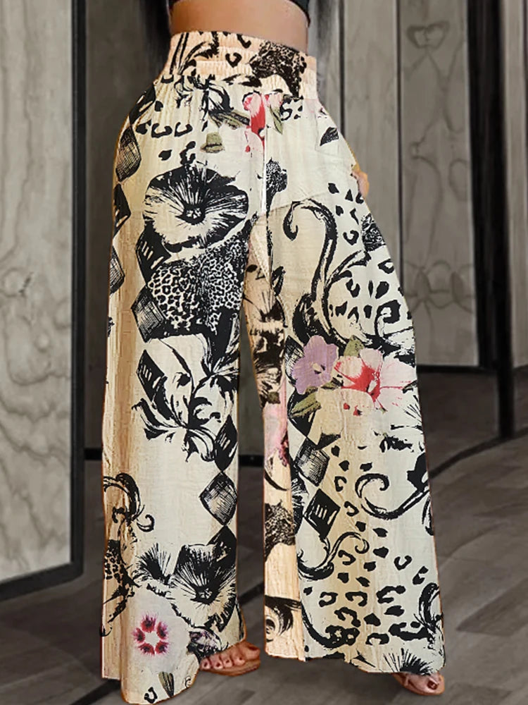 Summer plus Size 5XL Wide Leg Pants Contrast Print Pattern Fashionable Trendy Versatile Women's Elastic Waist Casual Trousers