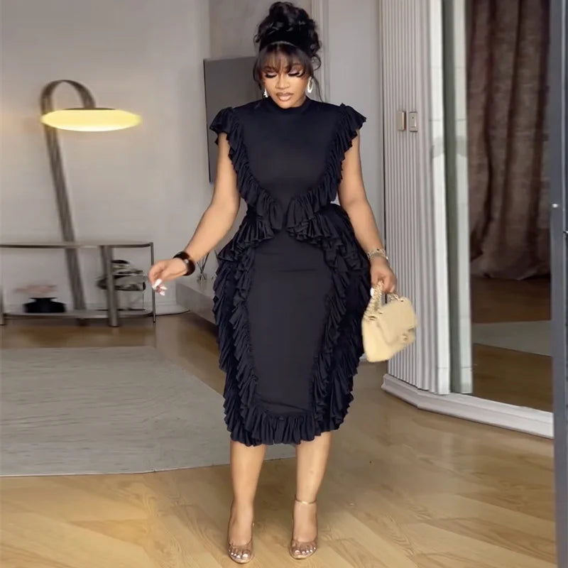 Women Plus Size Skinny Dress Round Neck Tassel Ruffle Hem Sleeveless Bodycon Casual Elegant Streetwear Slim Summer Dresses