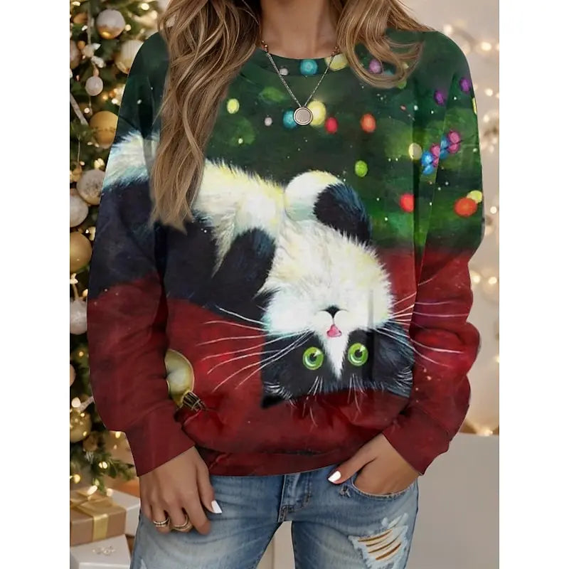 Christmas Pullover Sweatshirt Women's Sportswear Holiday Print Christmas Casual Long Sleeve Top Micro Stretch Autumn and Winter