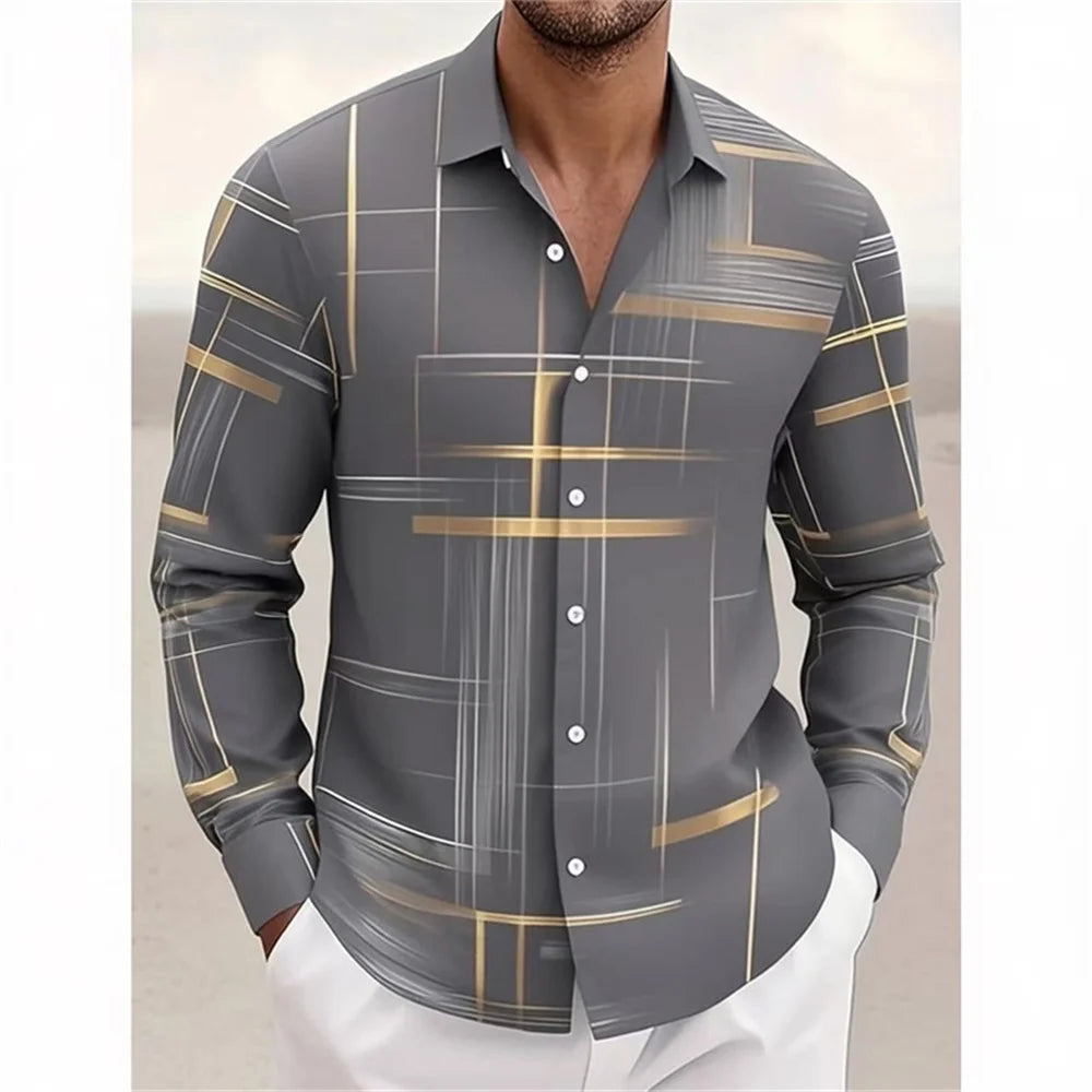 2026 new geometric grid long sleeved shirt, men, short sleeved, button down, no pockets,