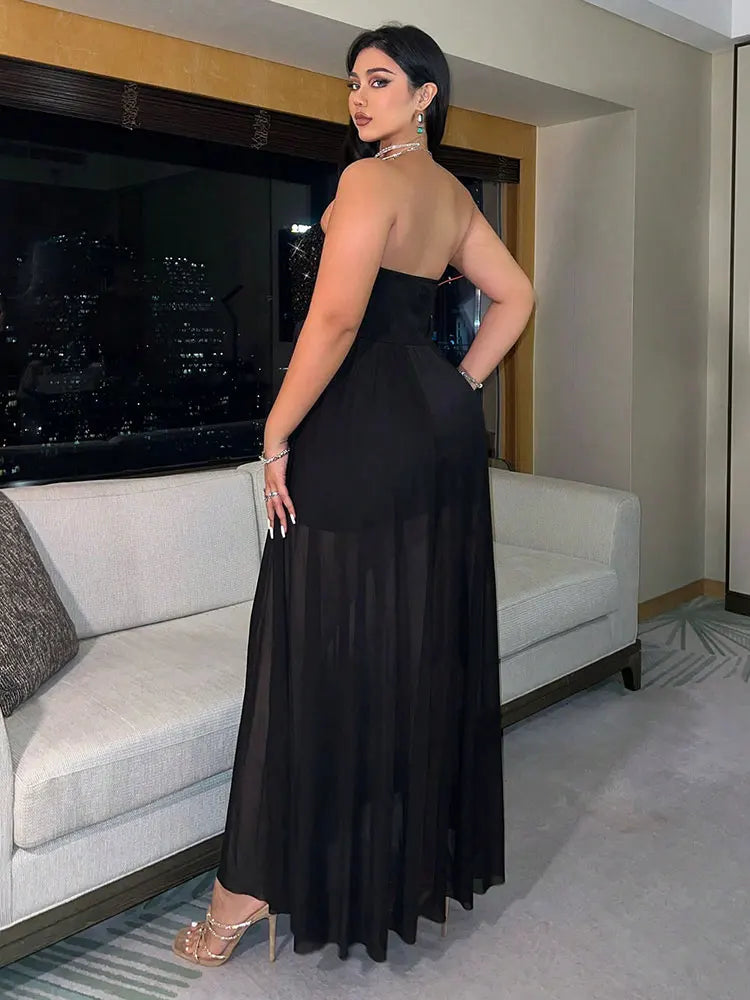 New Plus-Size Elegant Sequined Strapless Slit Dress Women Party Evening Maxi Dresses Black Flowy Wedding Vacation Long Sundress