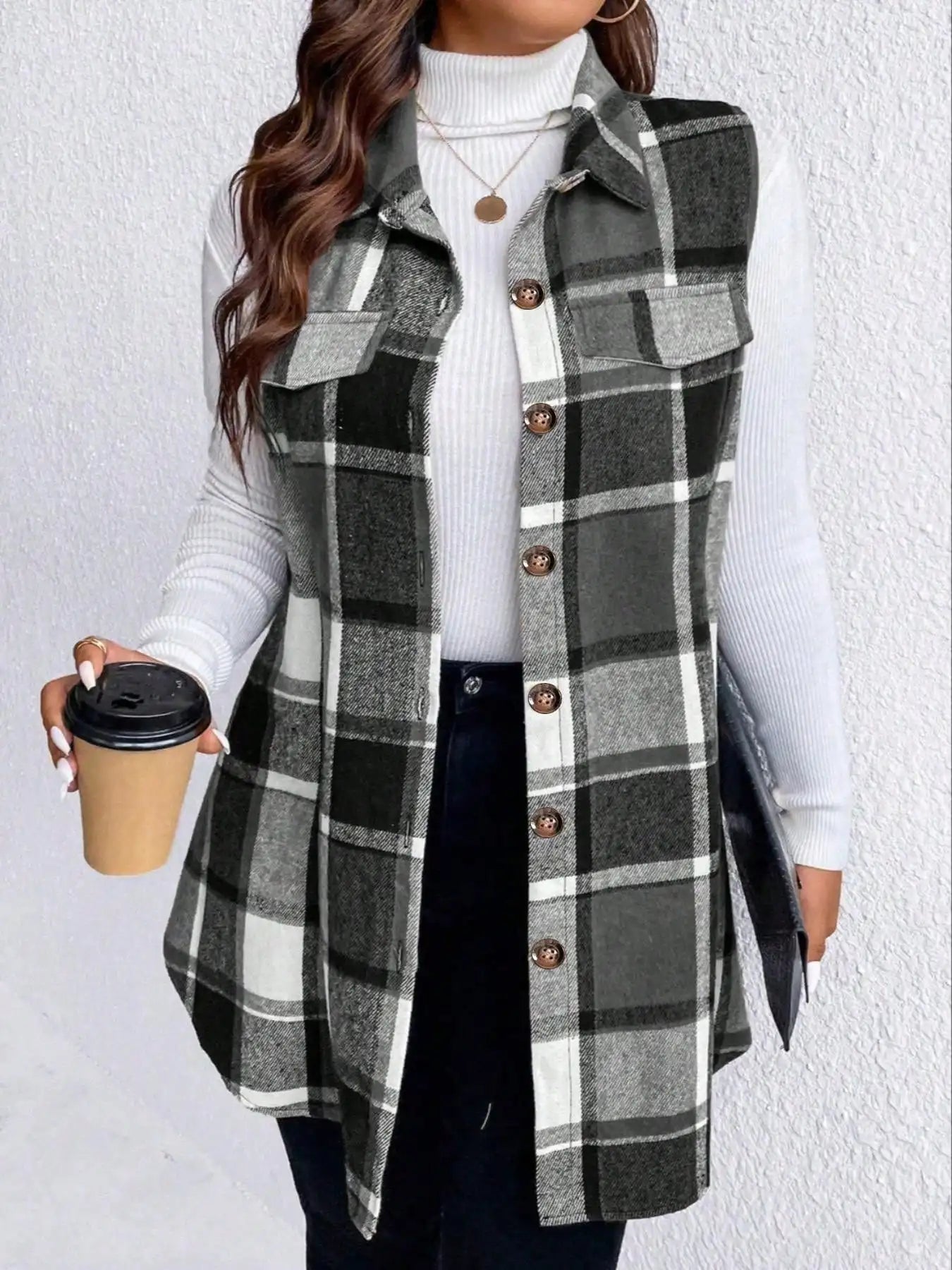 Women Plus Size 1XL-5XL Plaid Print Flap Detail Sleeveless Coat Ladies Fashion Sleeveless Thick Thermal Vest Women Outwear