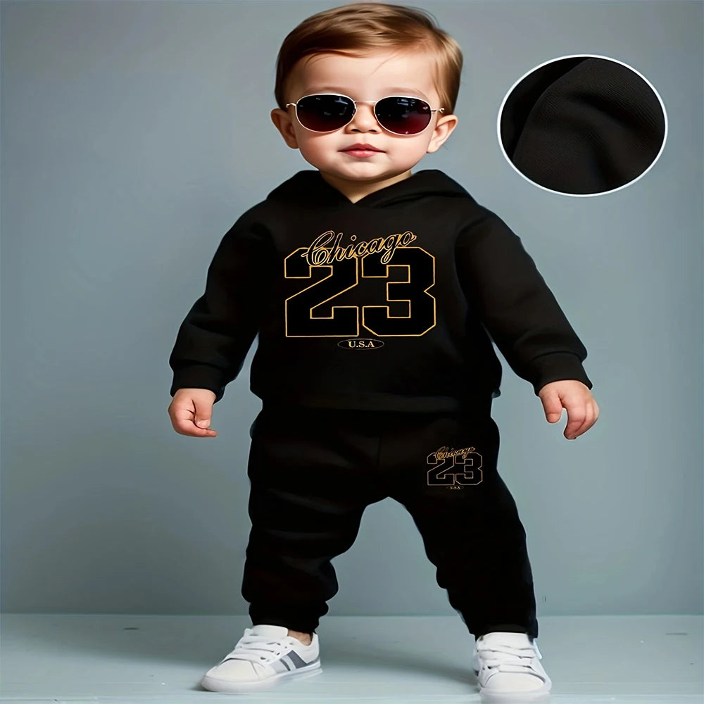Baby boy long sleeved size 23 digital pattern fleece long sleeved hooded sweatshirt+long pants two-piece set suitable for casual