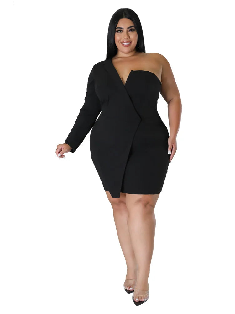 Wmstar Plus Size Dresses Women 2026 Single Long Sleeve V Neck Solid Sexy Mini Suit Dress Party Dresses Wholesale Dropshipping