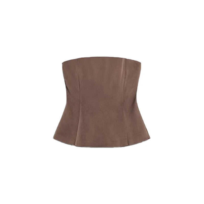 Elegant Brown Satin Strapless Top Pants Set Women Sleeveless Backless Vest Wide Leg Trousers 2025 Winter Lady Chic Party Suit