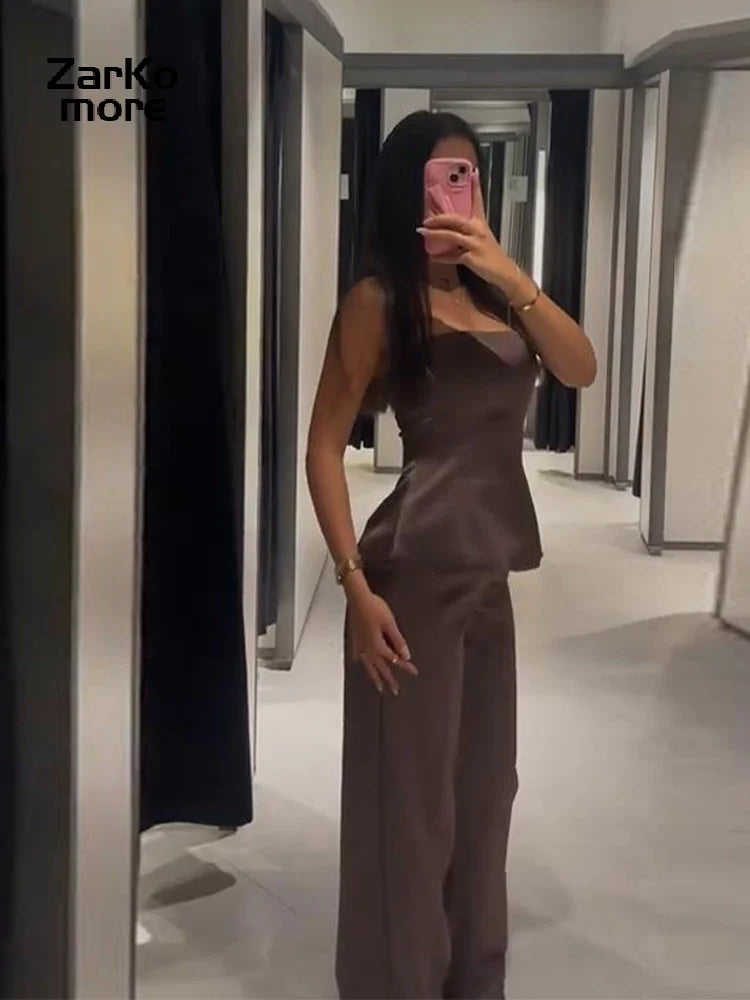 Elegant Brown Satin Strapless Top Pants Set Women Sleeveless Backless Vest Wide Leg Trousers 2025 Winter Lady Chic Party Suit