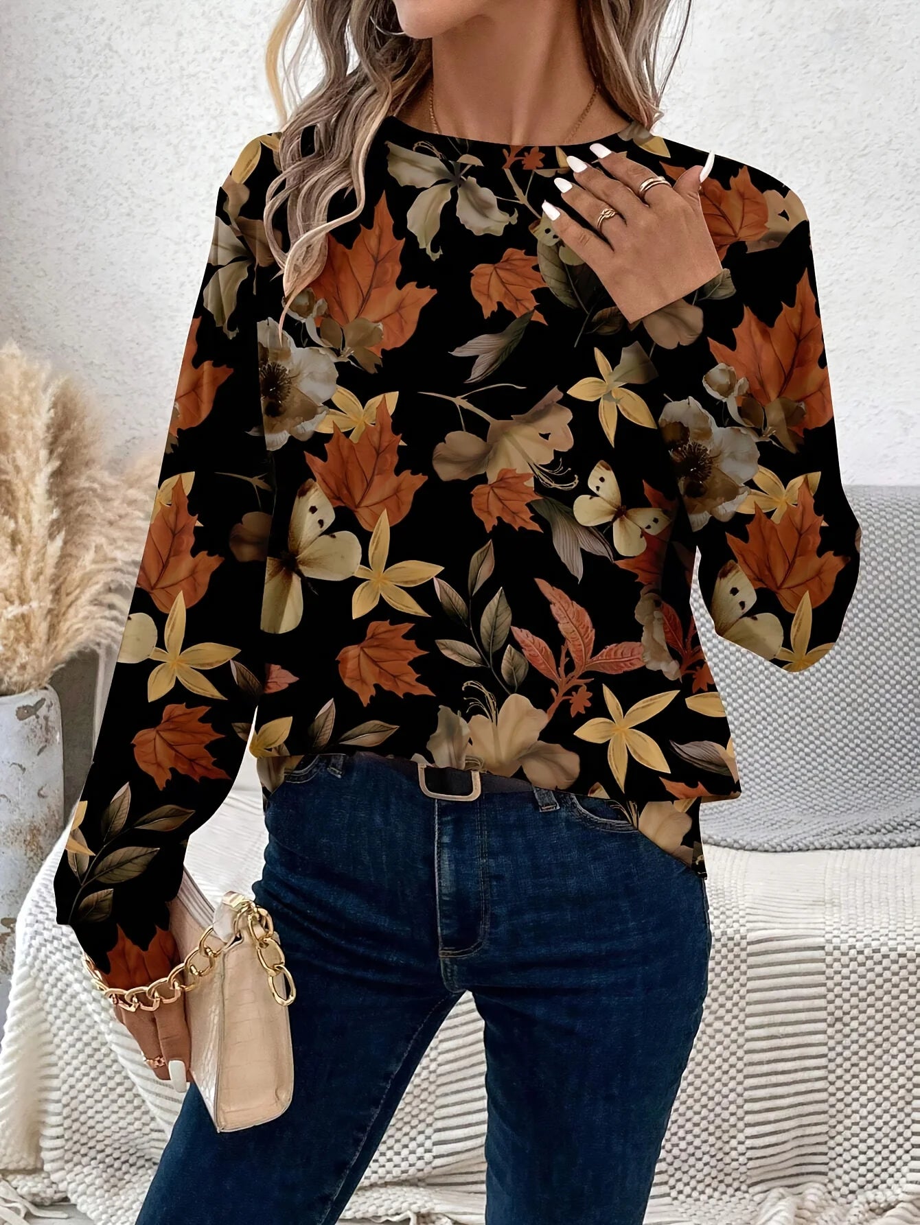 Plus Size Europe and the United States cross-border Spring and Autumn  new full-body printed crewneck long-sleeved top