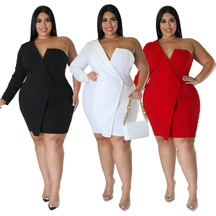 Wmstar Plus Size Dresses Women 2026 Single Long Sleeve V Neck Solid Sexy Mini Suit Dress Party Dresses Wholesale Dropshipping