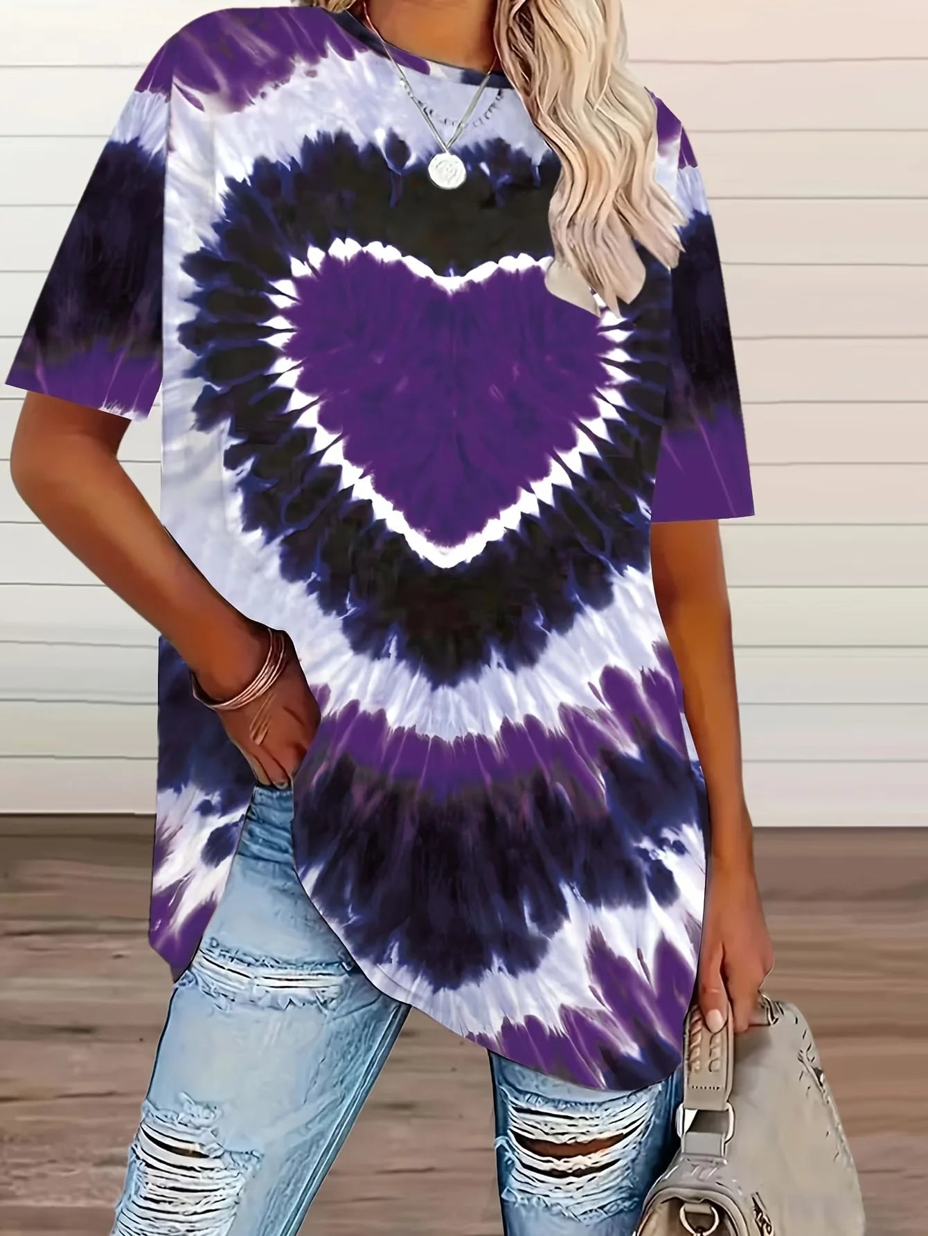 plus size tie-dye heart-print T-shirt casual short-sleeved knitted top round neck, spring and summer series, large size shirt