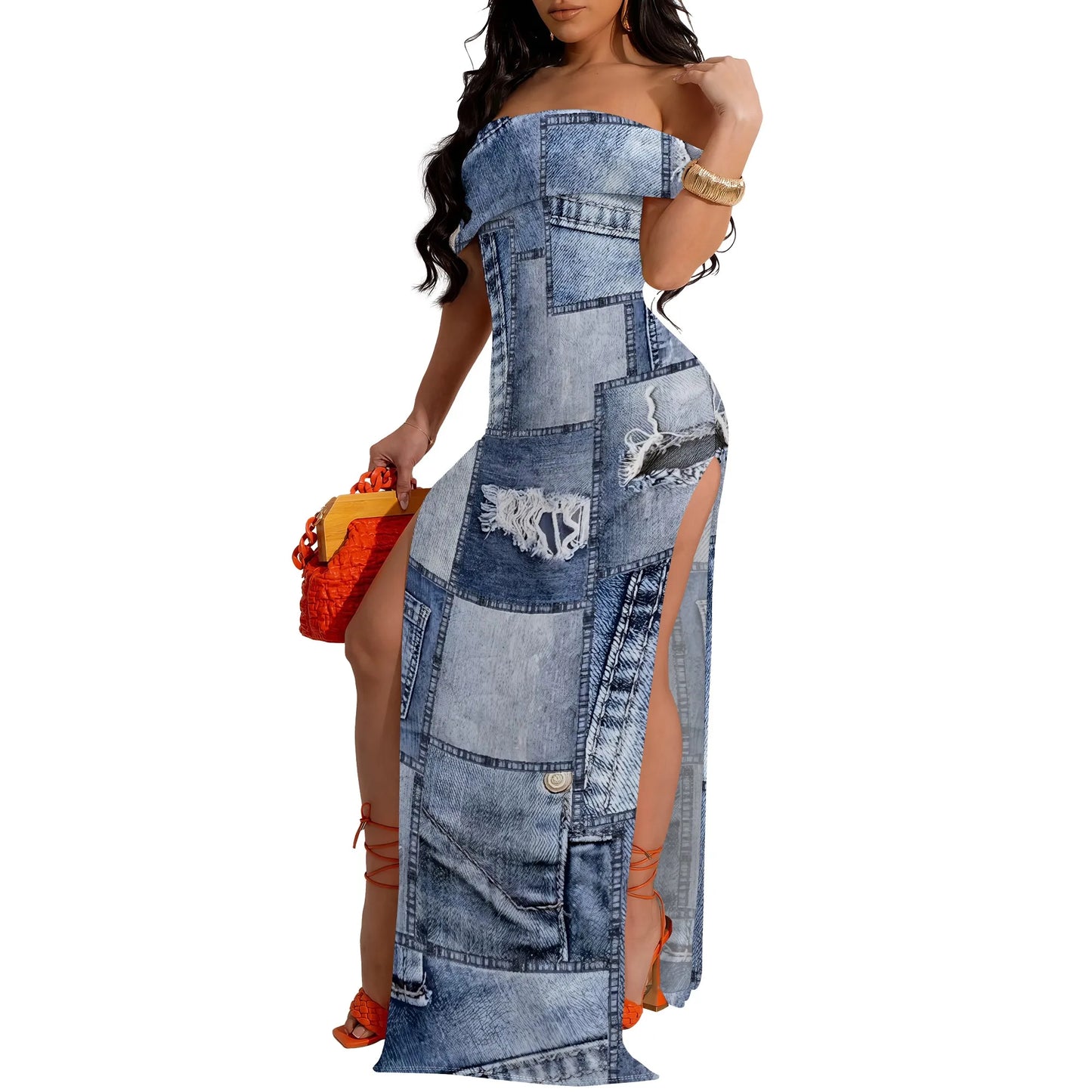 Denim Print Off-Shoulder High Slit Maxi Dress - Women's Trendy Urban Party Evening Resortwear Date Night