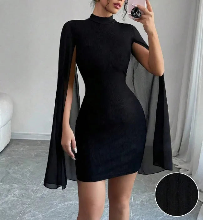 2026 Cross border European and American Women's Round Neck Pit Bar Pearl Chiffon Cloak Wrapped Hip Dress for Women