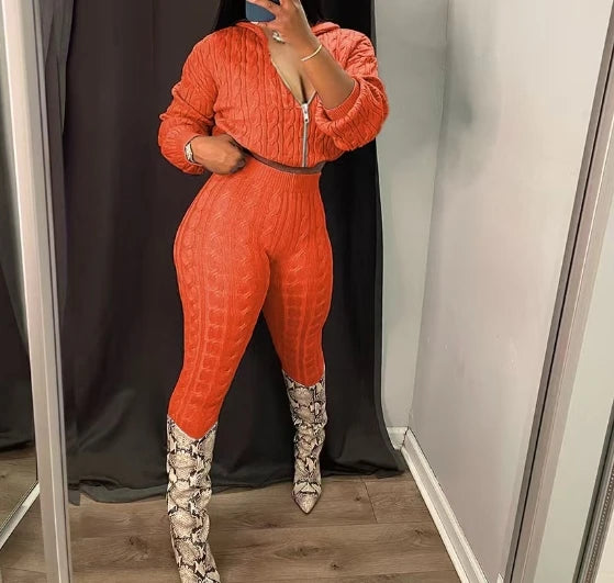 2 Piece Sets Womens Outfits Fashion Long Sleeve Cable Knit Hooded Sweater