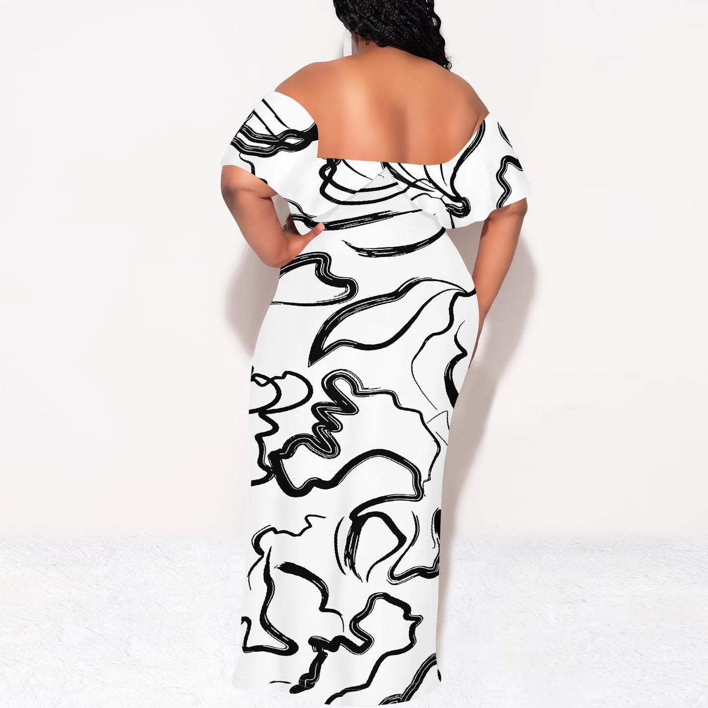Black White Sketch Art Print Plus Size Off Shoulder Maxi Dress Summer Casual