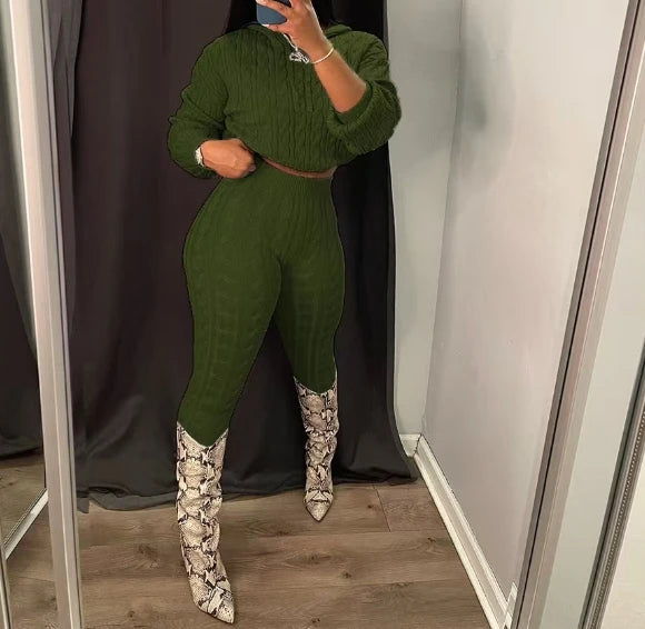 2 Piece Sets Womens Outfits Fashion Long Sleeve Cable Knit Hooded Sweater