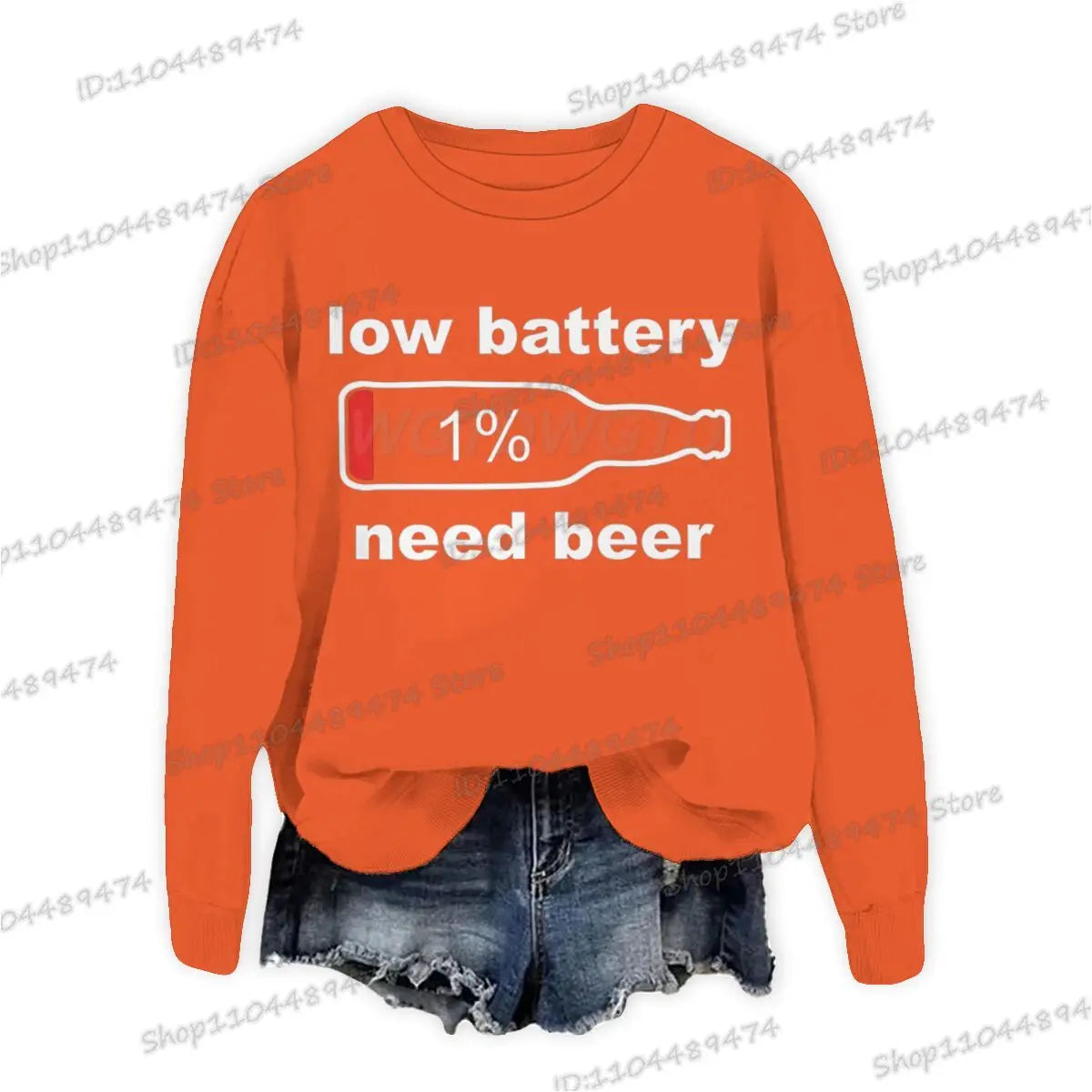 Funny "Low Battery 1% Beed Beer" Men's Sweatshirt Fashion Street Casual Loose Beer Lover Gifts Pullover Unisex Beer Sweatshirts
