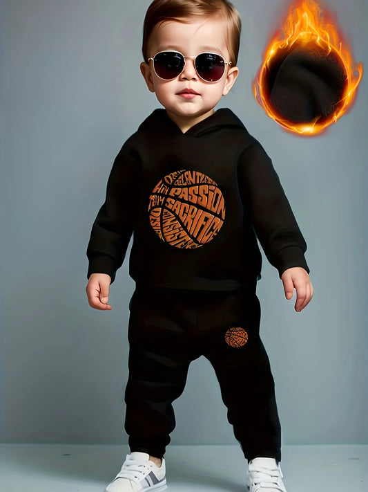 Newborn Baby Boy Basketball English Print Hooded Fleece Sweatshirt And Casual Fashion Sports Long Pants Set Autumn Winter