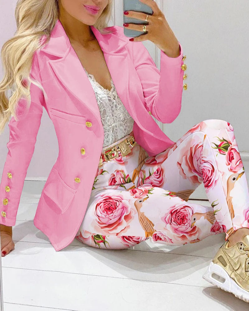 2026 Femme Formal Jacket & Trousers Office Lady Outfits Autumn Women two Pieces set Chain Print Blazer Coat & Pants Suit Sets