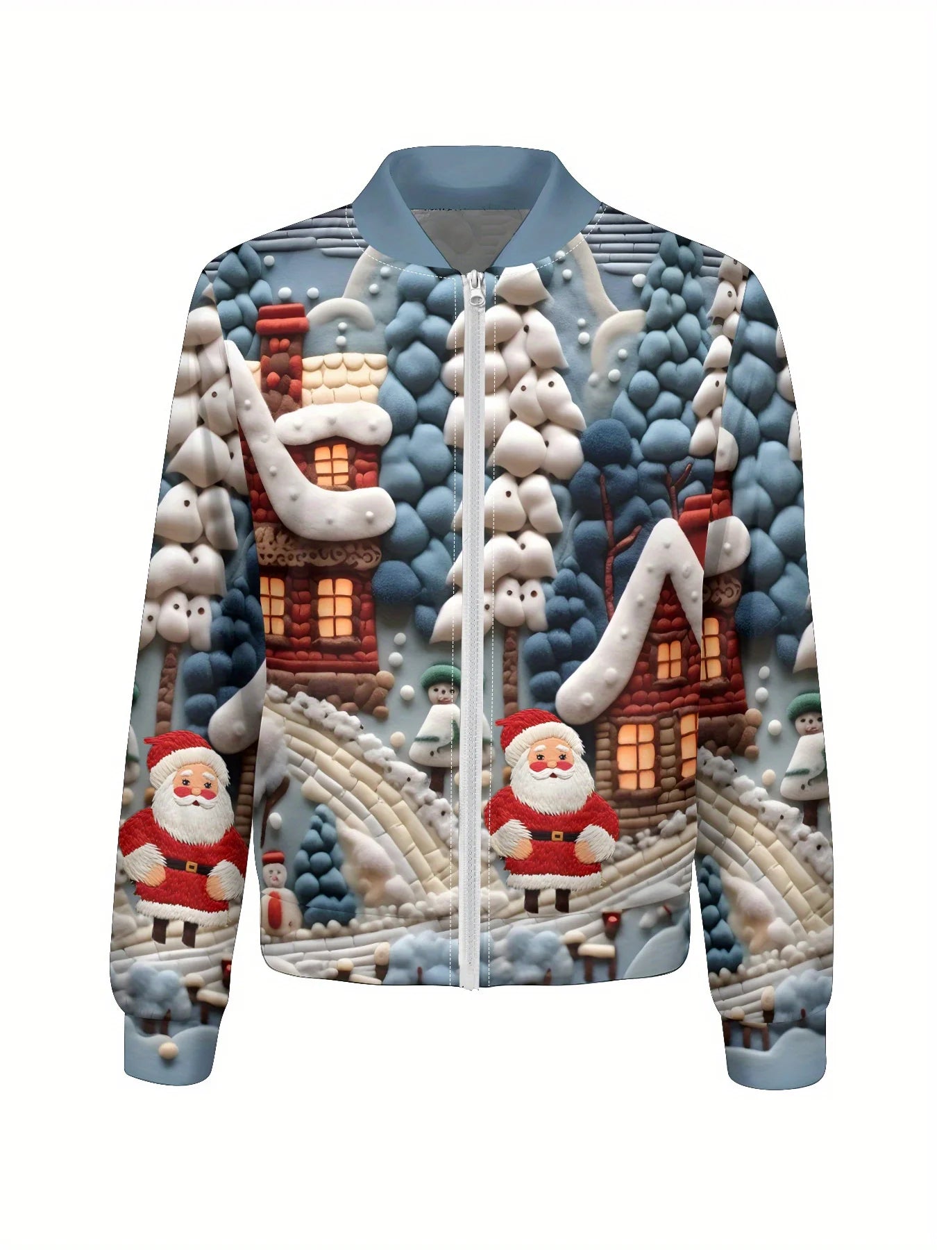 Women's Christmas Print Jacket, Santa Snowmen Cabin Design, Zipper Front Coat, Machine Washable Holiday Wear