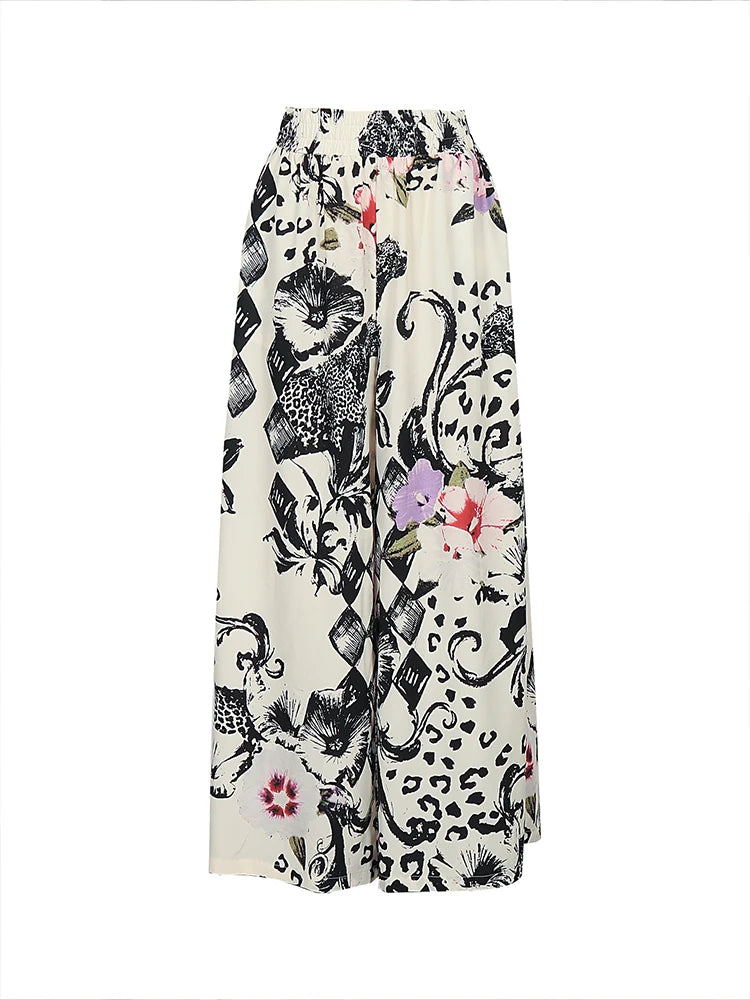 Summer plus Size 5XL Wide Leg Pants Contrast Print Pattern Fashionable Trendy Versatile Women's Elastic Waist Casual Trousers