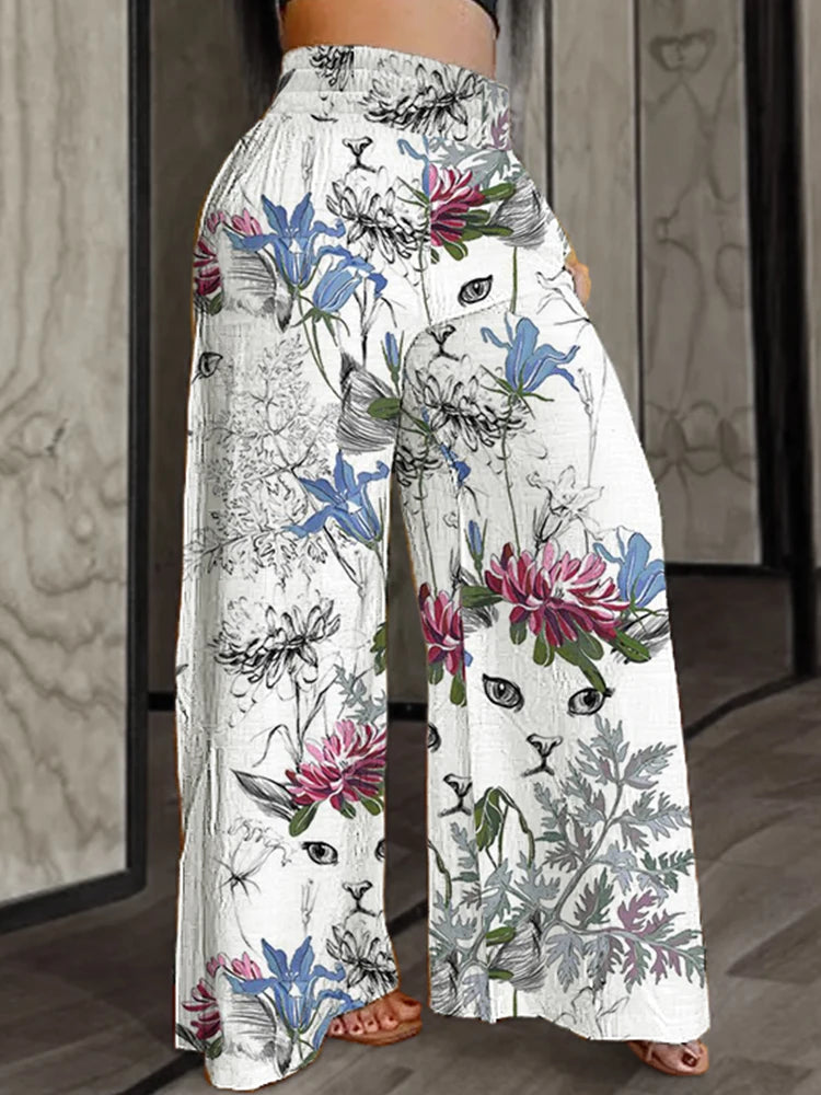 Summer plus Size 5XL Wide Leg Pants Contrast Print Pattern Fashionable Trendy Versatile Women's Elastic Waist Casual Trousers