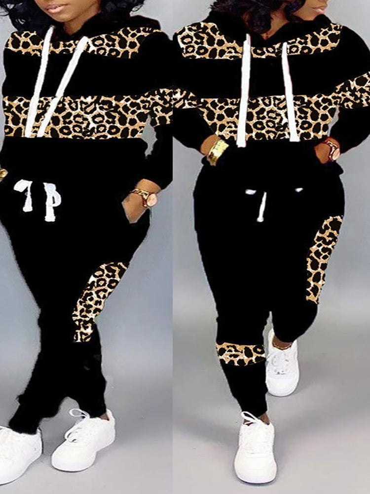 Two Piece Sets Women Pant Set Leopard Print Hoodies Sweatshirts Full Sleeve Tops Long Pants Lace Up Elastic Waist Autumn