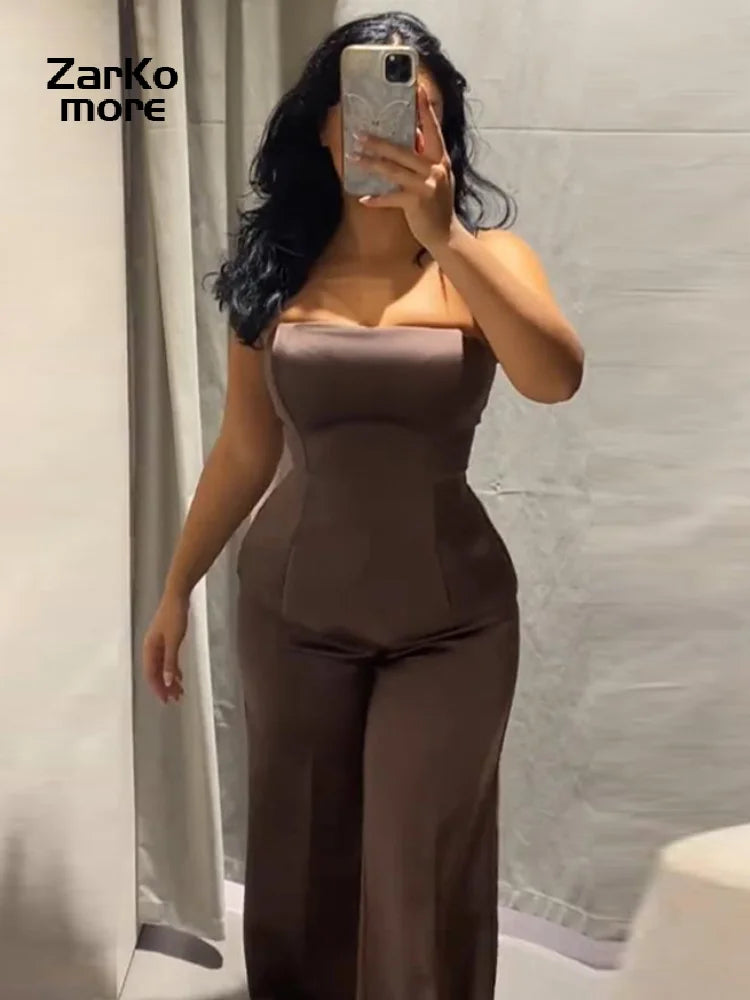 Elegant Brown Satin Strapless Top Pants Set Women Sleeveless Backless Vest Wide Leg Trousers 2025 Winter Lady Chic Party Suit