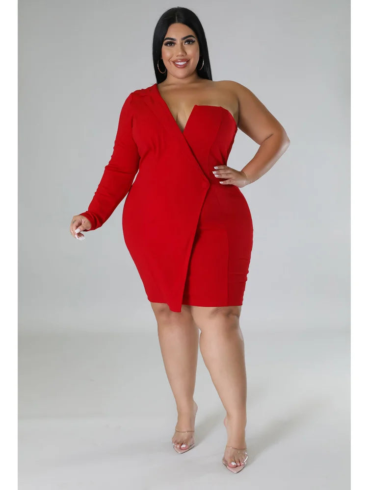 Wmstar Plus Size Dresses Women 2026 Single Long Sleeve V Neck Solid Sexy Mini Suit Dress Party Dresses Wholesale Dropshipping