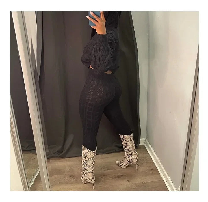 2 Piece Sets Womens Outfits Fashion Long Sleeve Cable Knit Hooded Sweater