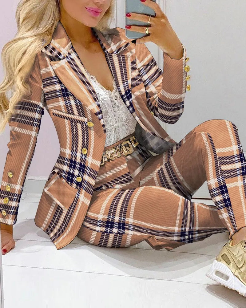 2026 Femme Formal Jacket & Trousers Office Lady Outfits Autumn Women two Pieces set Chain Print Blazer Coat & Pants Suit Sets