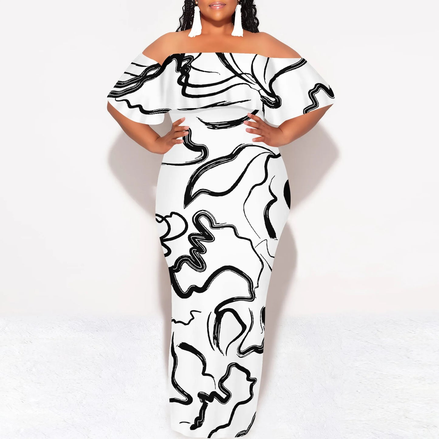 Black White Sketch Art Print Plus Size Off Shoulder Maxi Dress Summer Casual