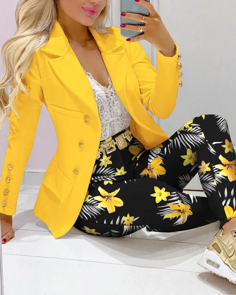 2026 Femme Formal Jacket & Trousers Office Lady Outfits Autumn Women two Pieces set Chain Print Blazer Coat & Pants Suit Sets