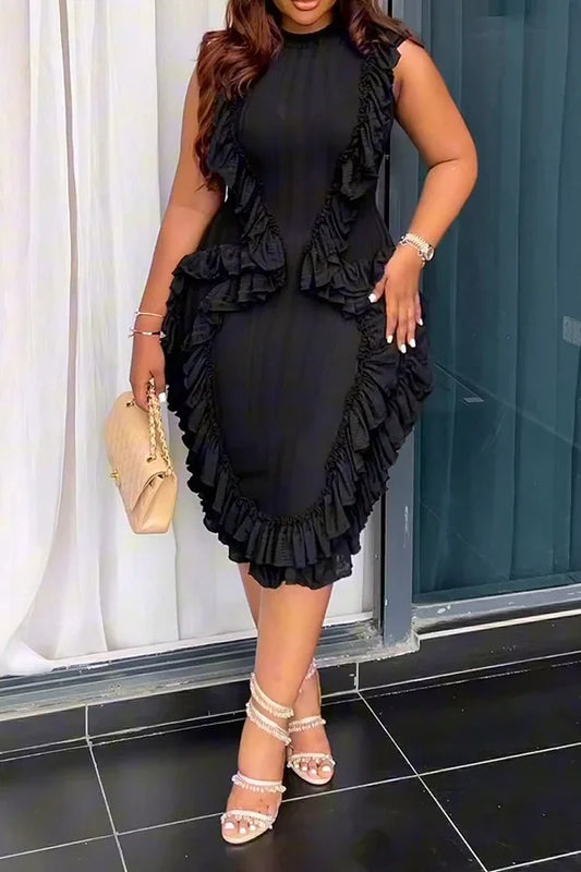 Women Plus Size Skinny Dress Round Neck Tassel Ruffle Hem Sleeveless Bodycon Casual Elegant Streetwear Slim Summer Dresses