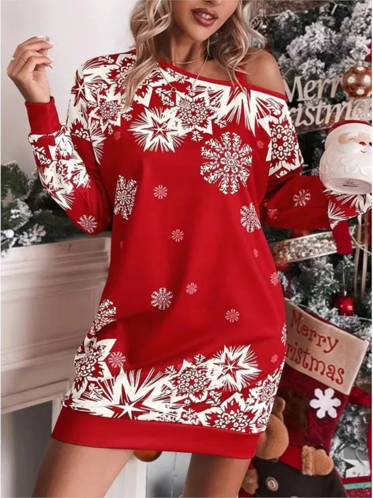New Christmas Snowflake Print Off Shoulder Package Hip Dress Woman Fashion Winter Long Sleeve Loose Party Mini Dresses For Women