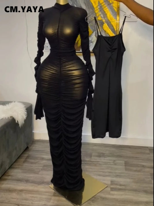 2026 Women Flare Long Sleeve Stacked Ruched Mesh See Though with Tank Dress Maxi Long Dress 2025 Birthday Sexy Party Dresses