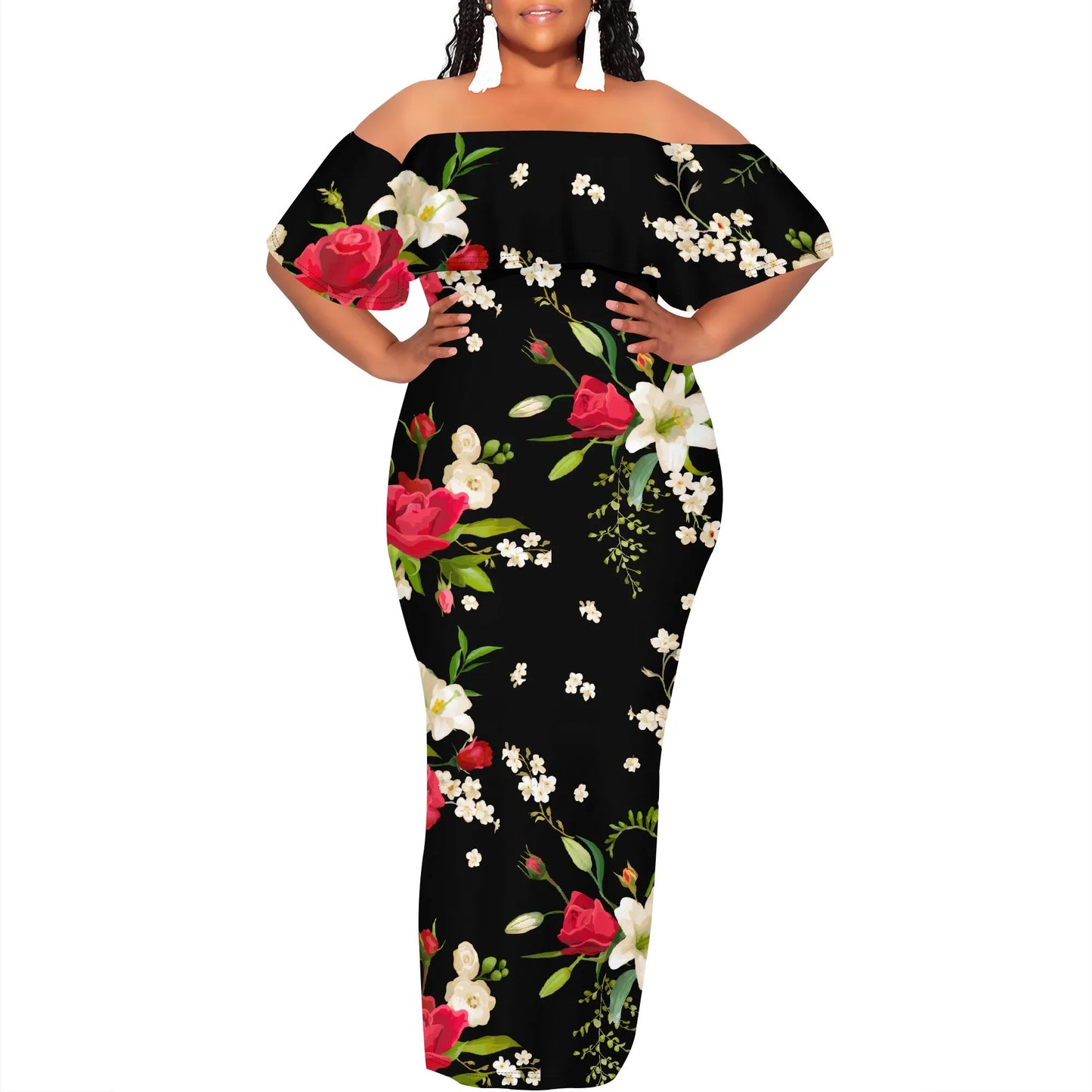 Black White Sketch Art Print Plus Size Off Shoulder Maxi Dress Summer Casual